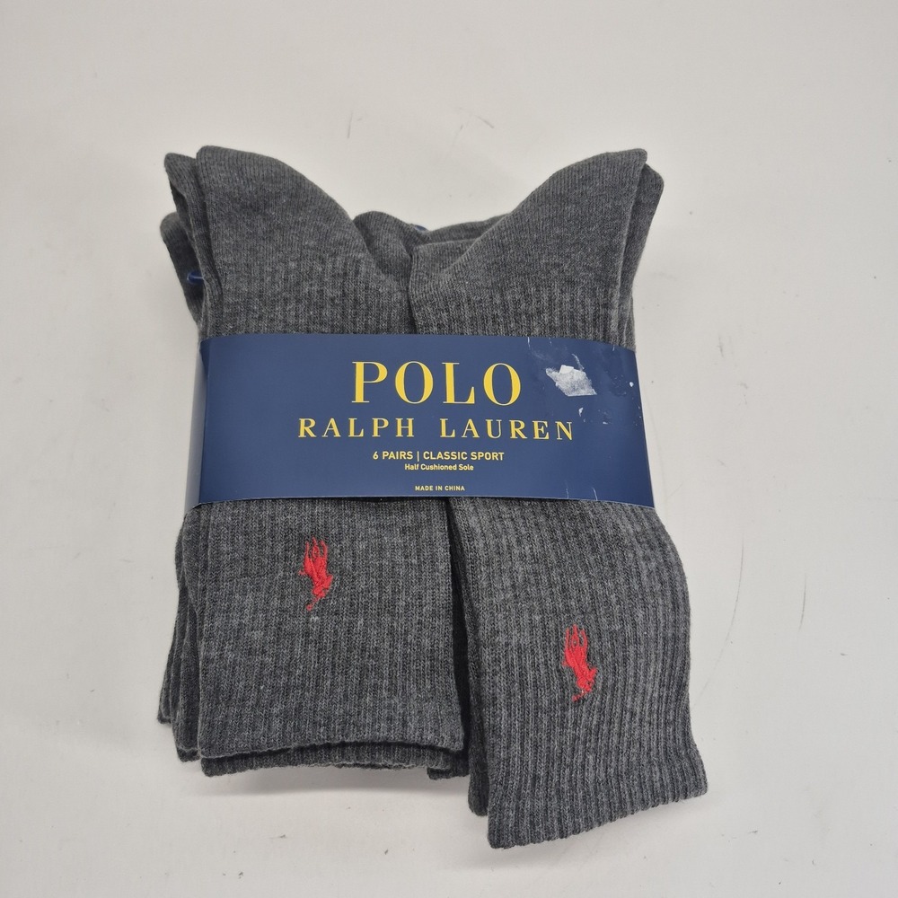 Polo Ralph Lauren 6 Pairs Classic Sport Socks Sock Size: 10-13 Gray/Red